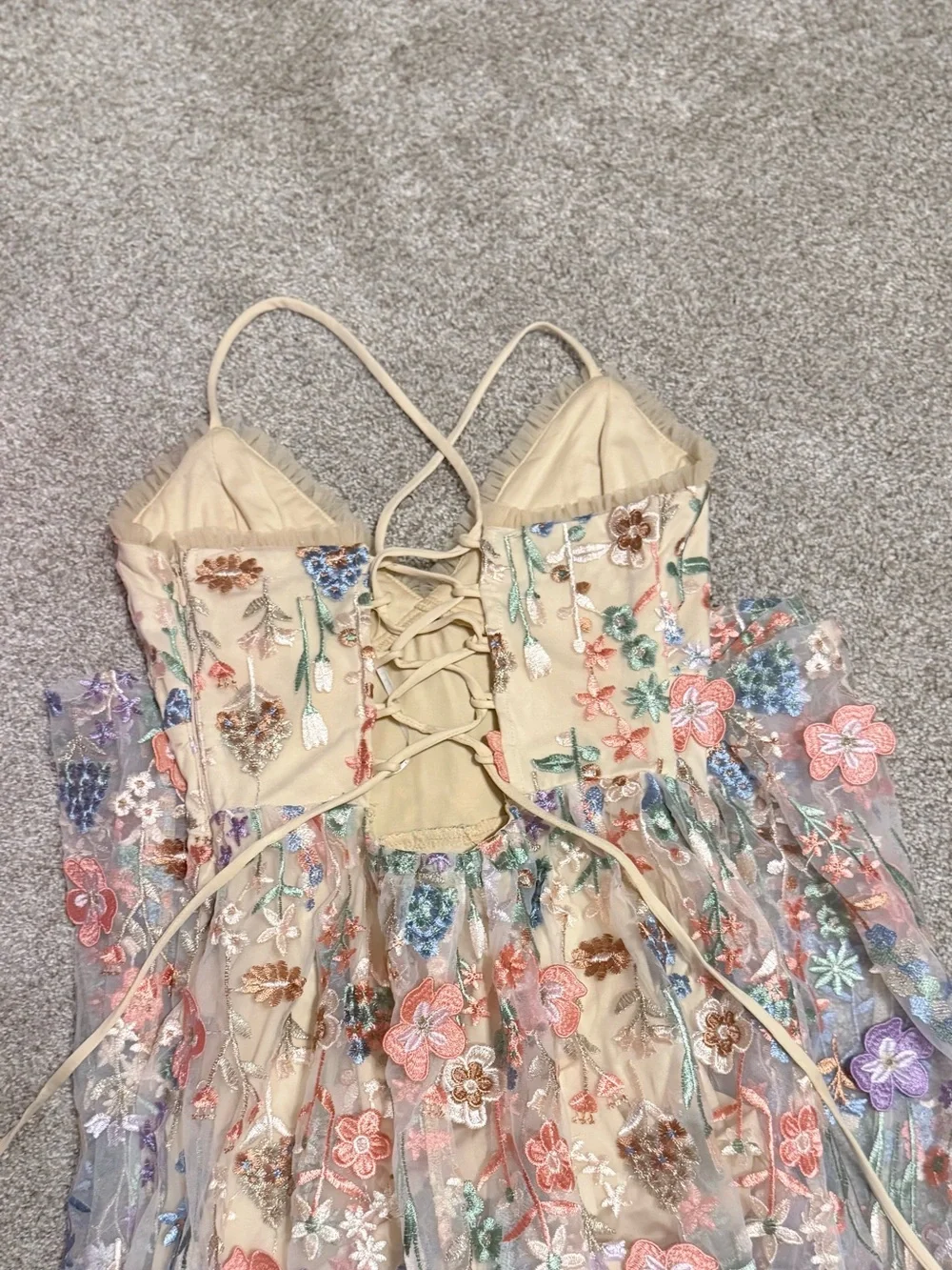 Mahryn Beige 3D Floral Embroidered Midi Bodysuit Dress - Picture 9 of 10